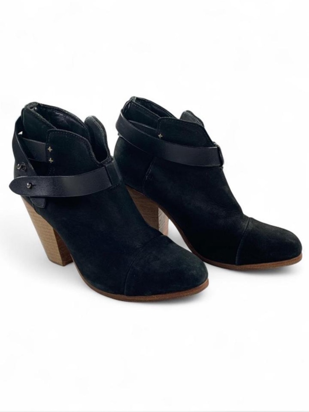 rag & bone Harrow Black Suede Ankle Booties with Strap and Wood Heel size 7